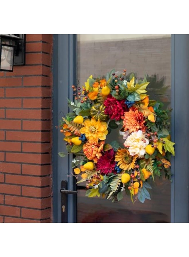 Fall Wreaths for Front Door Autumn Harvest Wreath with Sunflower Pumpkin Peony Dahlia Pear Blueberries Eucalyptus and Maple Leaves - Image 2