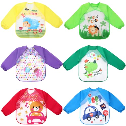 JaGely 6 Pcs Kids Art Smocks Toddler Smock Waterproof Painting Aprons Children Apron with Long Sleeve Washable Bib for Baby Eating (Vivid) - Image 1