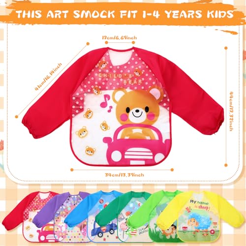 JaGely 6 Pcs Kids Art Smocks Toddler Smock Waterproof Painting Aprons Children Apron with Long Sleeve Washable Bib for Baby Eating (Vivid) - Image 2