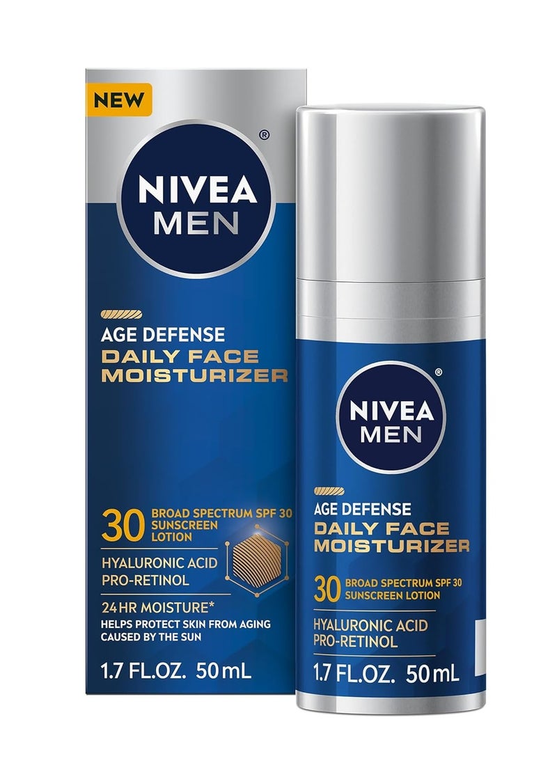 NIVEA MEN - NIVEA MEN Age Defense Daily Face Moisturizer with Broad Spectrum SPF 30 Sunscreen, Pro-Retinol and Hyaluronic Acid, Beard-Friendly Face Lotion Helps Defend Against UVA/UVB Rays, 1.7 Fl Oz Bottle - Image 1