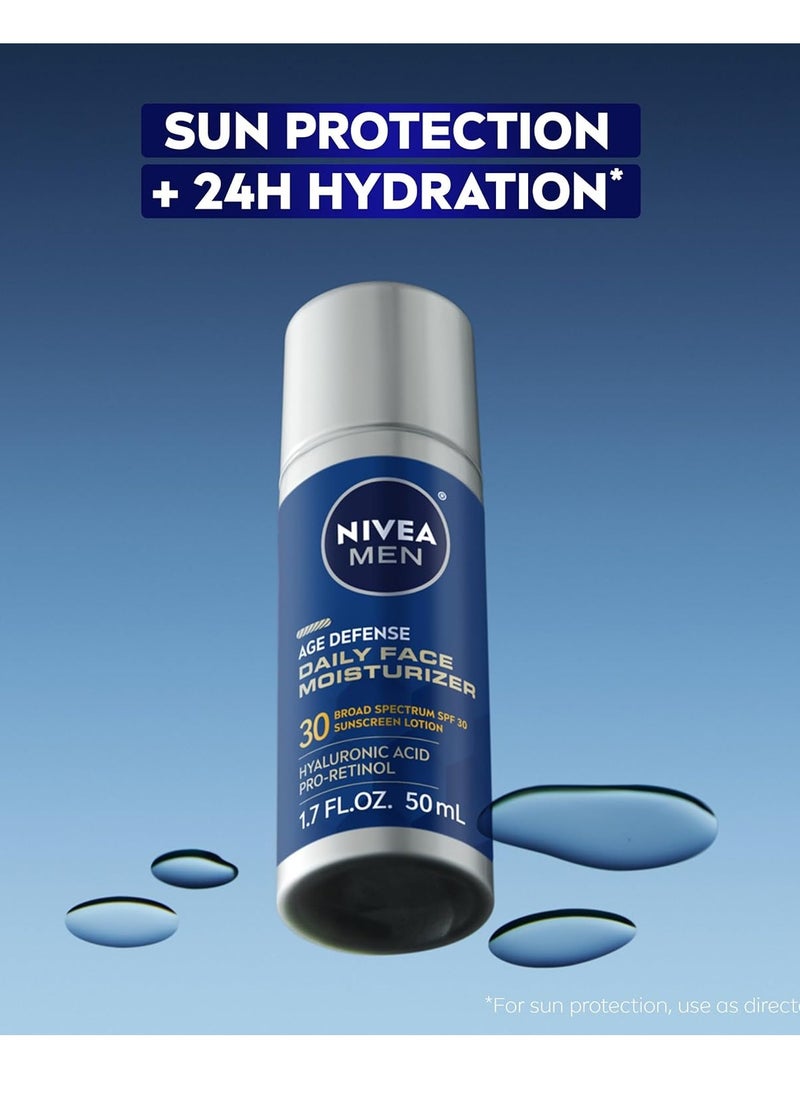 NIVEA MEN - NIVEA MEN Age Defense Daily Face Moisturizer with Broad Spectrum SPF 30 Sunscreen, Pro-Retinol and Hyaluronic Acid, Beard-Friendly Face Lotion Helps Defend Against UVA/UVB Rays, 1.7 Fl Oz Bottle - Image 1