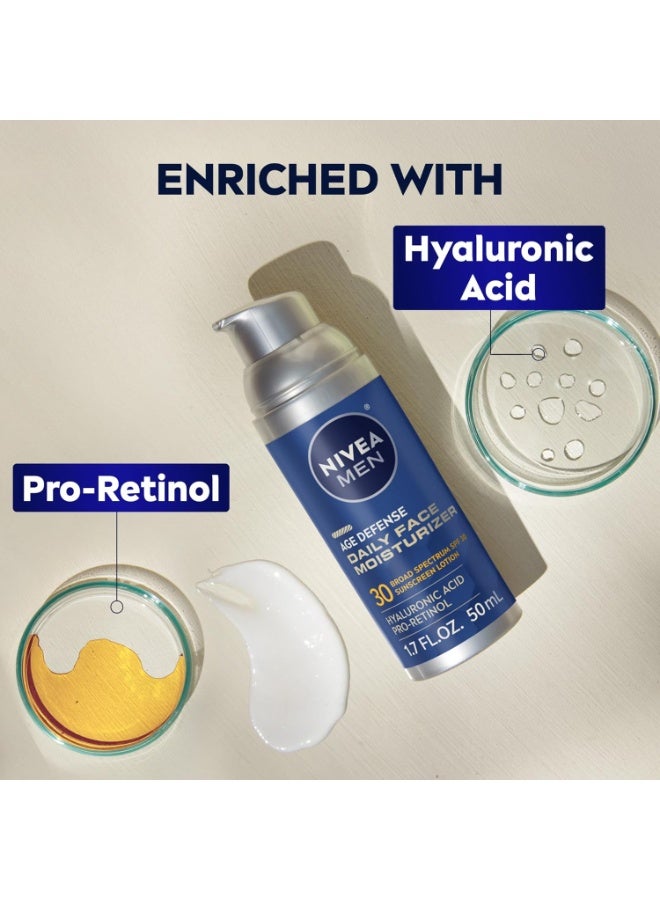 NIVEA MEN Age Defense Daily Face Moisturizer with Broad Spectrum SPF 30 Sunscreen, Pro-Retinol and Hyaluronic Acid, Beard-Friendly Face Lotion Helps Defend Against UVA/UVB Rays, 1.7 Fl Oz Bottle - Image 2