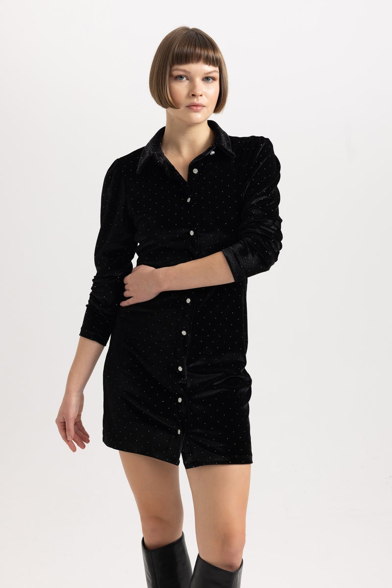 DeFacto Woman Shirt Collar Velour Long Sleeve Mini Dress  - Image 4