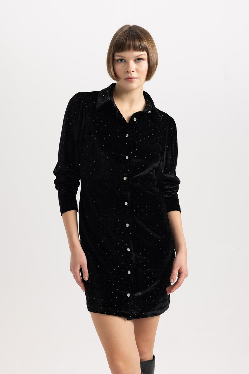 DeFacto Woman Shirt Collar Velour Long Sleeve Mini Dress  - Image 5