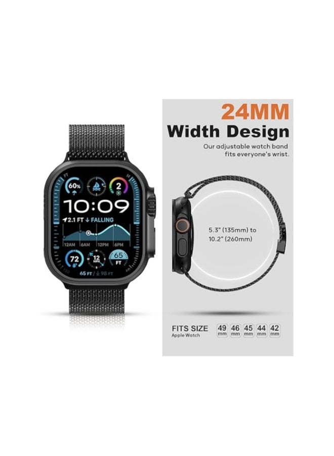 Titanium Milanese Mesh Loop for Apple Watch Band 49mm 46mm 45mm 44mm Men Women, Breathable Replacement Strap with Adjustable Parachute-style Buckle for iWatch Ultra 2/SE/Series 10 9 8 7 6 5 4, Black
