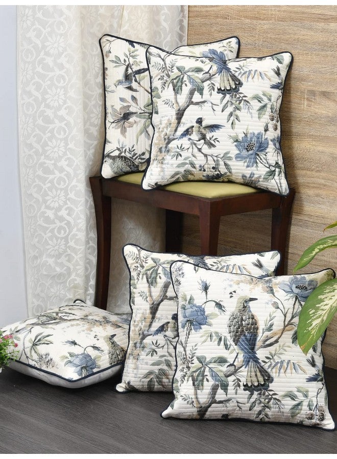 Clasiko Cushion Covers Set of 5; 16x16 Inches; Blue Flowers & Birds