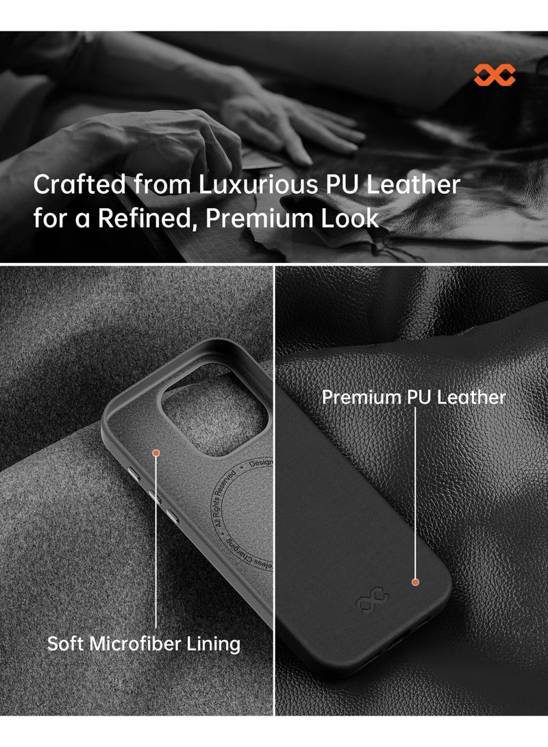 INFINYTY iPhone 16 Pro Leather Case – Vogue (Black), MagSafe Compatible, Elegant Metal Frame Accents, Sleek Finish, Mil. Grade Drop-Tested, Precision Fit for a Refined & Premium Look - Image 3