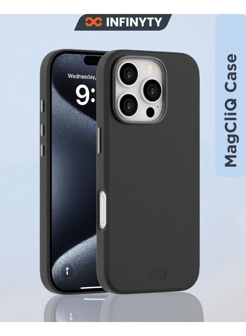 INFINYTY iPhone 16 Pro Leather Case – Vogue (Black), MagSafe Compatible, Elegant Metal Frame Accents, Sleek Finish, Mil. Grade Drop-Tested, Precision Fit for a Refined & Premium Look - Image 1