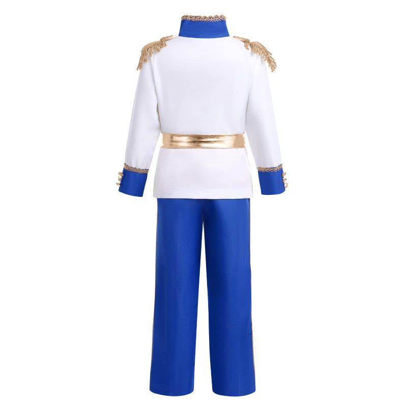 AWIBMK Prince King Charming Costume for Kids Boys Medieval Royal Prince Costume Halloween Christmas Cosplay Party Outfits Dress up Crown Truncheon Cape Belt Shoe Covers Accessories Set Royal Blue 5-7 Years - Image 2