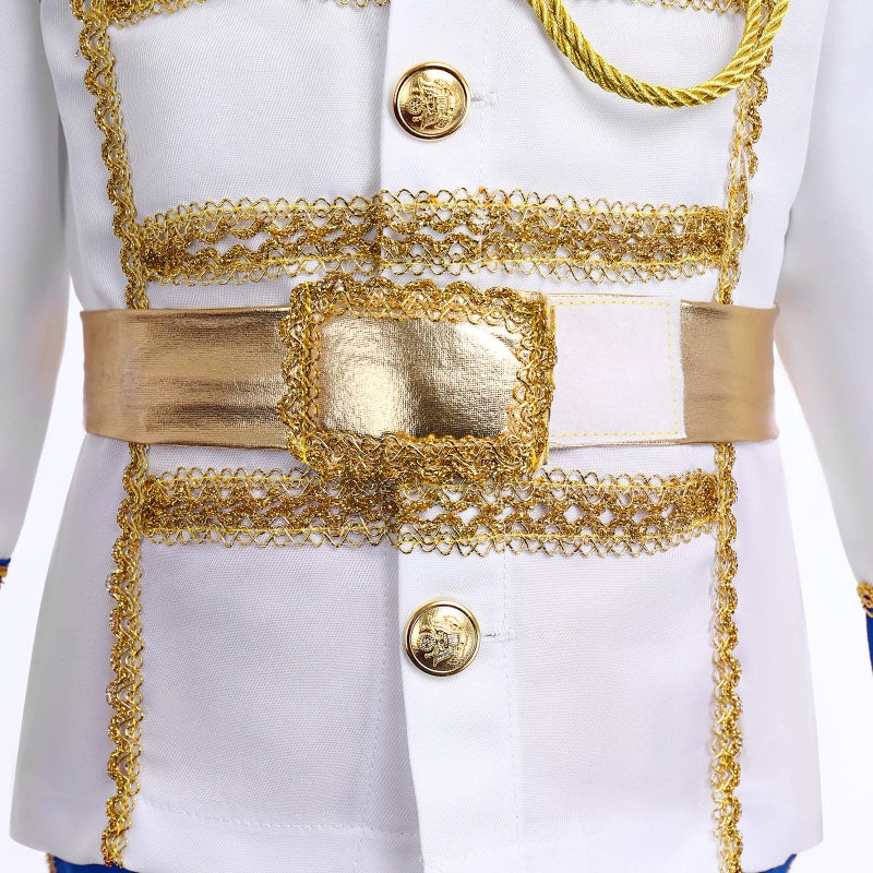 AWIBMK Prince King Charming Costume for Kids Boys Medieval Royal Prince Costume Halloween Christmas Cosplay Party Outfits Dress up Crown Truncheon Cape Belt Shoe Covers Accessories Set Royal Blue 5-7 Years - Image 4