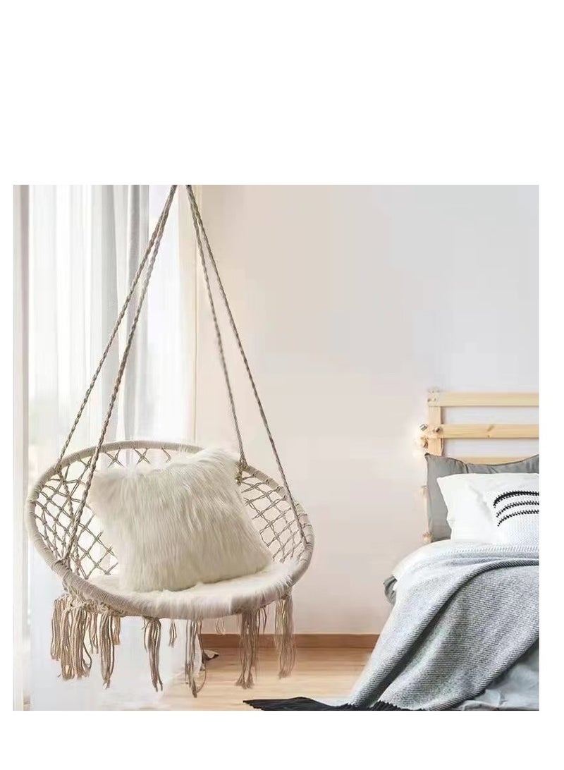 جين فان ل أنا كرسي أرجوحة معلق مع أدوات تثبيت، أقصى وزن 260 رطلاً، كرسي أرجوحة مصنوع يدويًا من حبل شبكي محبوك للاستخدام الداخلي والخارجي وغرفة النوم والفناء والحديقة والشرفة، لون بيج
