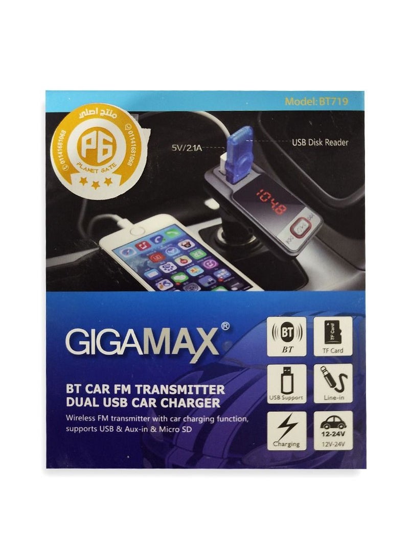Gigamax - BT719 Bluetooth Dual USB Car Charger, MP3 Player, FM Modulator, AUX, MicroSD - Image 1