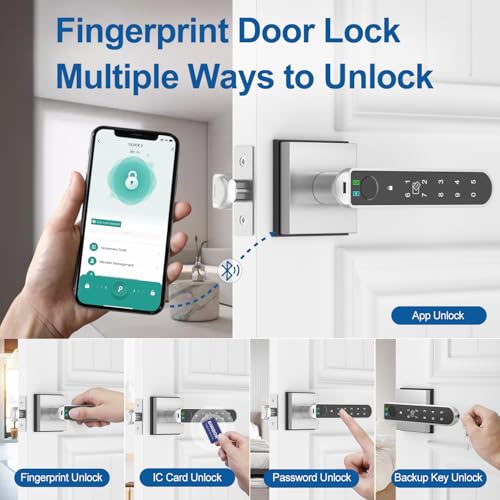 BIWIBON Fingerprint Door Lock 5 in 1 Finger Print Door Knob with Smart APPFingerprintIC CardsPasswordBackup Keys Smart Door Knob with Keypad for Bedroom Office Apartment Square Silver - Image 3
