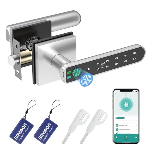 BIWIBON Fingerprint Door Lock 5 in 1 Finger Print Door Knob with Smart APPFingerprintIC CardsPasswordBackup Keys Smart Door Knob with Keypad for Bedroom Office Apartment Square Silver - Image 1