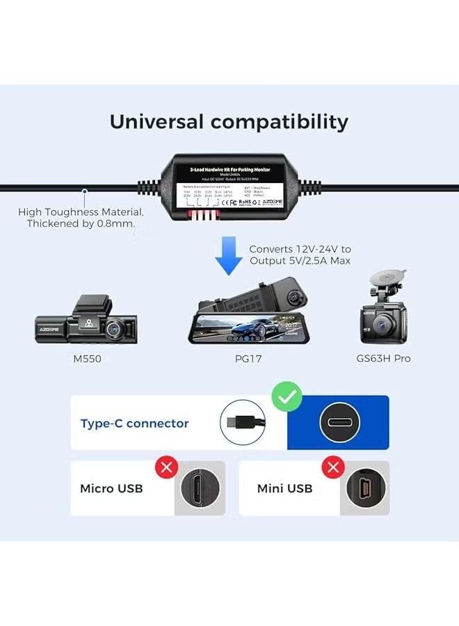 AZDOME Type C Hardwire Kit for Dash Cam 3-Lead Acc,12 Feet,12V-24V to 5V/2.5A ,For Azdome M660 M550 Max, M550, M550 Pro, M300S, Pg17, Gs63Pro Dash Cameras, 24H Parking,Low Voltage Protection - Image 5