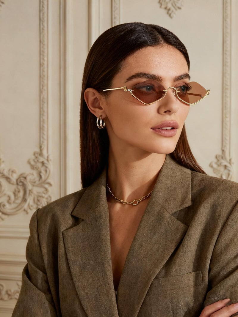 TYA Retro Y2k Sunglasses for Women,Trendy Semi-Rimless Sun Glasses Irregular Narrow Gold Sunnies UV400 - Image 2