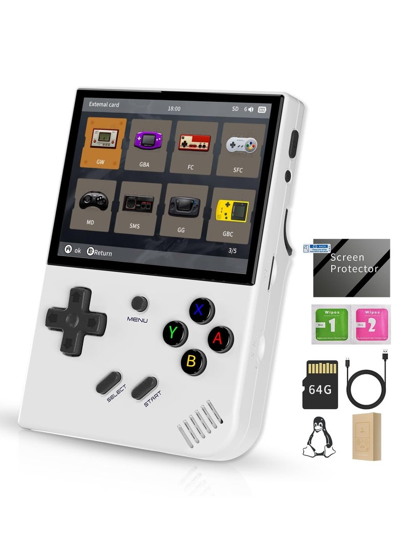 RG35XX Plus handheld gaming console with 3.5-inch IPS display, includes 5527 pre-installed games. Features a 3300mAh battery, 5G WiFi, Bluetooth, HDMI, and TV connectivity. Available in white with 6 - Image 1
