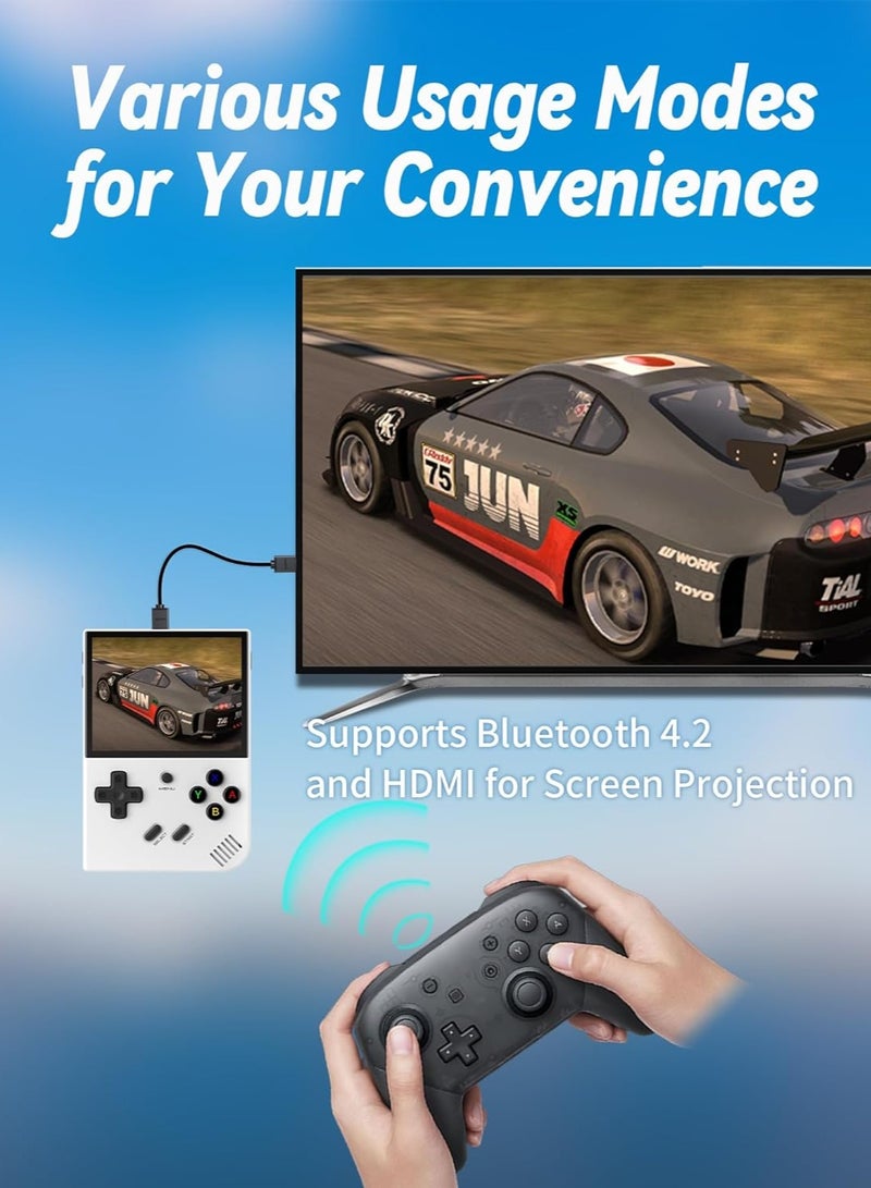 RG35XX Plus handheld gaming console with 3.5-inch IPS display, includes 5527 pre-installed games. Features a 3300mAh battery, 5G WiFi, Bluetooth, HDMI, and TV connectivity. Available in white with 6 - Image 3