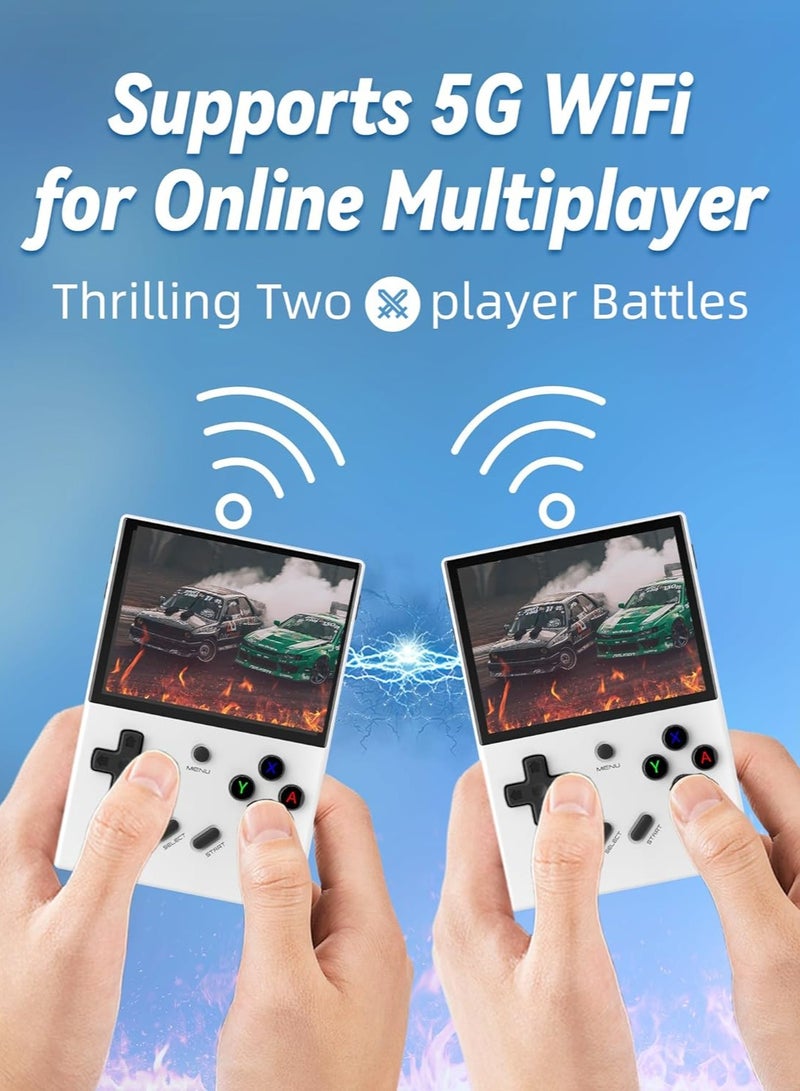 RG35XX Plus handheld gaming console with 3.5-inch IPS display, includes 5527 pre-installed games. Features a 3300mAh battery, 5G WiFi, Bluetooth, HDMI, and TV connectivity. Available in white with 6 - Image 2