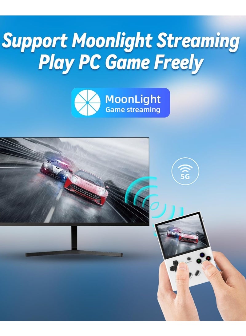 RG35XX Plus handheld gaming console with 3.5-inch IPS display, includes 5527 pre-installed games. Features a 3300mAh battery, 5G WiFi, Bluetooth, HDMI, and TV connectivity. Available in white with 6 - Image 5