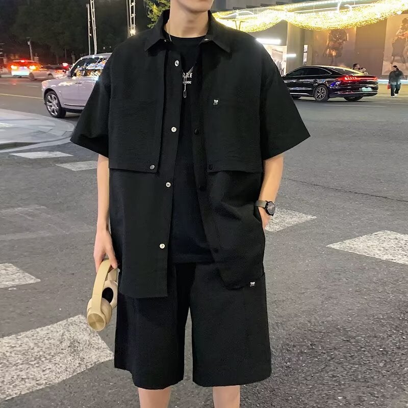 Teenagers Workwear Suit Men'S Summer Loose Large Size Short-Sleeved Shirt Shorts Casual Suit Men - Image 2