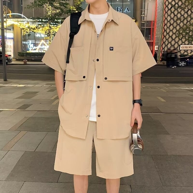Teenagers Workwear Suit Men'S Summer Loose Large Size Short-Sleeved Shirt Shorts Casual Suit Men - Image 1