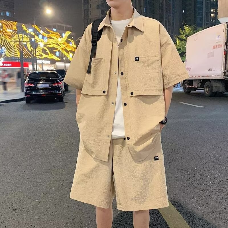 Teenagers Workwear Suit Men'S Summer Loose Large Size Short-Sleeved Shirt Shorts Casual Suit Men - Image 4