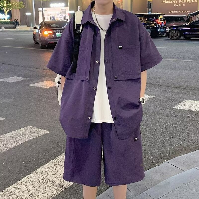Teenagers Workwear Suit Men'S Summer Loose Large Size Short-Sleeved Shirt Shorts Casual Suit Men - Image 5