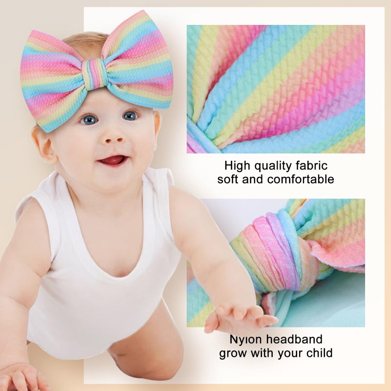 ONENINEDREAM 6'' Large Tied Bow Baby Headbands Handmade Hairbands with Bows High Stretchy Soft Nylon Headbands Baby Hair Accessories for Infant Baby Girls Light Blue Purple Rainbow Stripes - Image 5