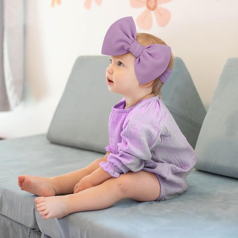 ONENINEDREAM 6'' Large Tied Bow Baby Headbands Handmade Hairbands with Bows High Stretchy Soft Nylon Headbands Baby Hair Accessories for Infant Baby Girls Light Blue Purple Rainbow Stripes - Image 2