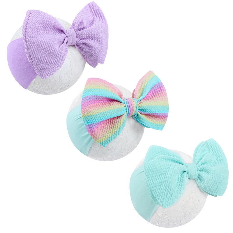 ONENINEDREAM 6'' Large Tied Bow Baby Headbands Handmade Hairbands with Bows High Stretchy Soft Nylon Headbands Baby Hair Accessories for Infant Baby Girls Light Blue Purple Rainbow Stripes - Image 1