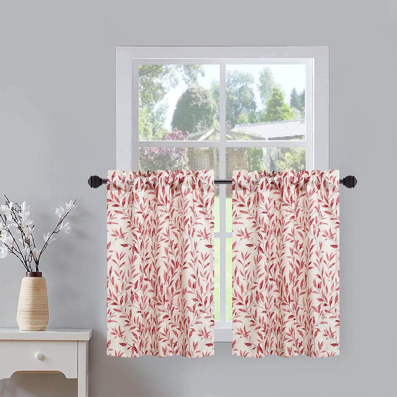 Green Leaves Print Linen Texture Short Tier Curtains, 30x24 Inches, 2 Panels - Image 1