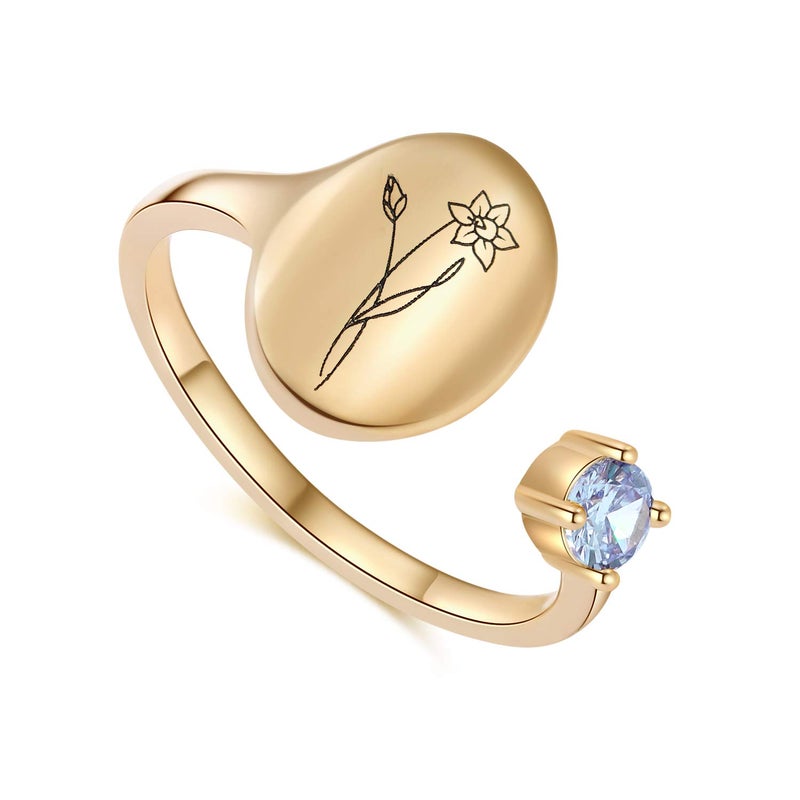 SLOONG Handmade Birth Flower Signet Ring 14K Gold Plated Birth Stone Ring Birthday Gift for Mom Daughter Girlfriend Wife (March-Daffodil) - Image 1