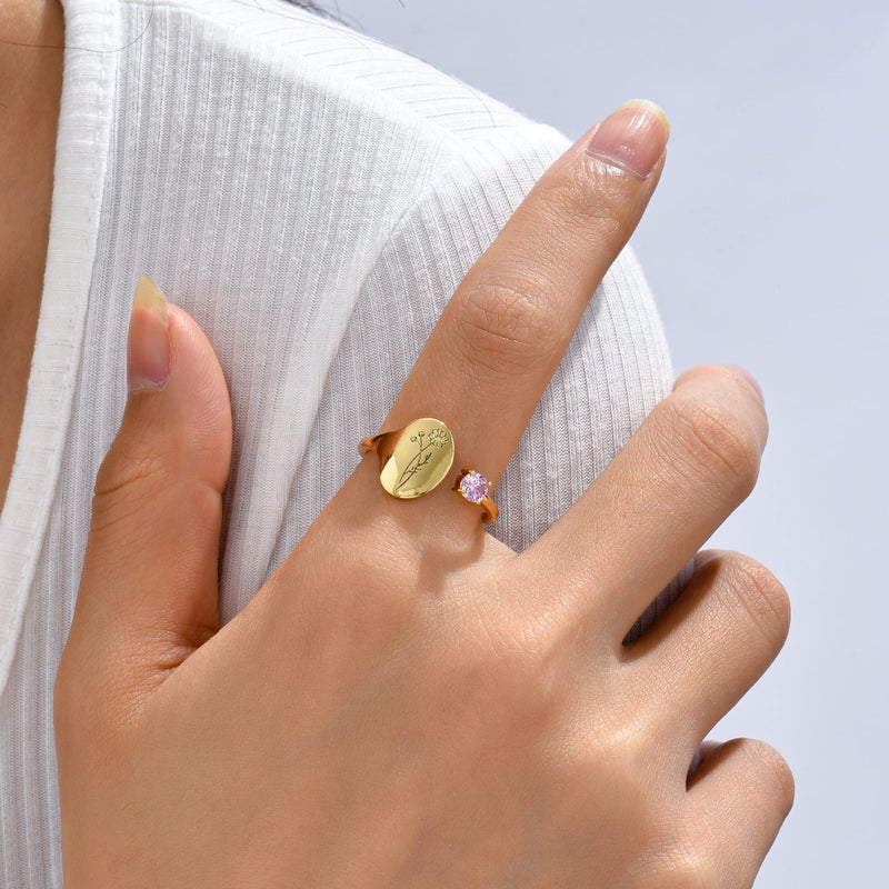 SLOONG Handmade Birth Flower Signet Ring 14K Gold Plated Birth Stone Ring Birthday Gift for Mom Daughter Girlfriend Wife (March-Daffodil) - Image 2