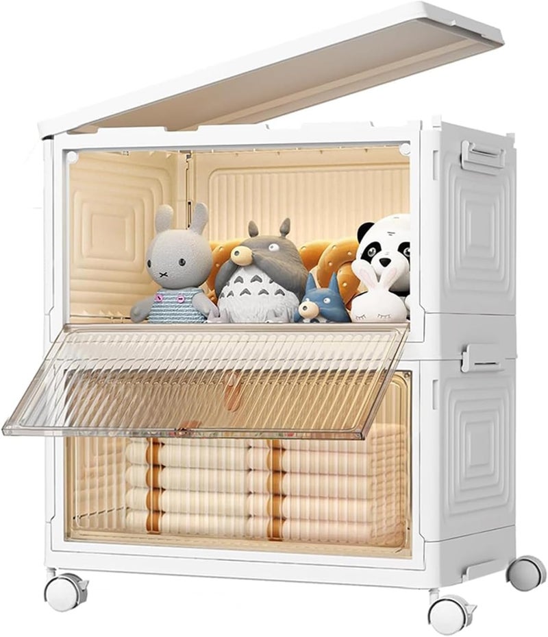 Gogoya 2 Tier Plastic Storage Bins with Lids, Stackable Storage Containers with Wheels,Folding Storage Boxes,Collapsible Storage Bins,Closet Organizers and Storage for Living Room,Office,Dorm (White, 2-Tier) - Image 1