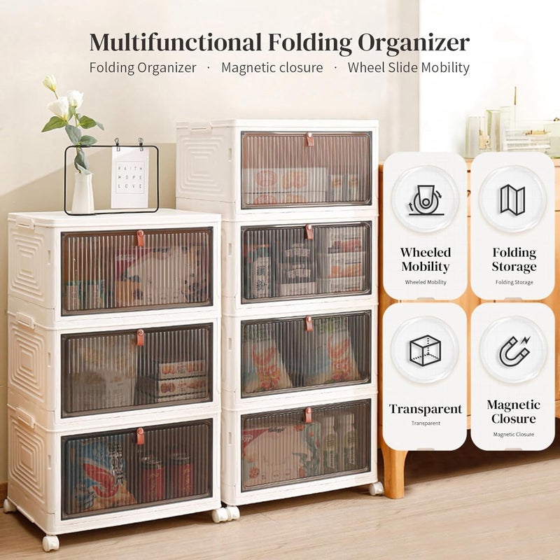 Gogoya 2 Tier Plastic Storage Bins with Lids, Stackable Storage Containers with Wheels,Folding Storage Boxes,Collapsible Storage Bins,Closet Organizers and Storage for Living Room,Office,Dorm (White, 2-Tier) - Image 4