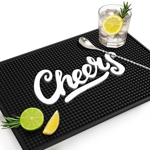Knot and Style Premium Cheers Bar Mat for Home Bar - Large 18"x12" Rubber Bar Mats for Countertop - Non-Slip Bartender Mat - Drink Spill Mat for Bar Cart - Black Barmat for Cocktail Service - Image 1