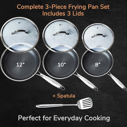 MUGAA Honeycomb Stainless Steel Nonstick Frying Pan Set - with Lids and Spatula - 8 10 12 Inch Hybrid Pan - Induction Compatible - PFOA-Free - Oven Safe - Dishwasher Safe Skillet - Image 2
