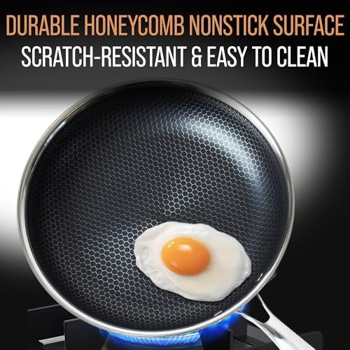 MUGAA Honeycomb Stainless Steel Nonstick Frying Pan Set - with Lids and Spatula - 8 10 12 Inch Hybrid Pan - Induction Compatible - PFOA-Free - Oven Safe - Dishwasher Safe Skillet - Image 3