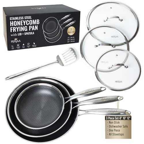 MUGAA Honeycomb Stainless Steel Nonstick Frying Pan Set - with Lids and Spatula - 8 10 12 Inch Hybrid Pan - Induction Compatible - PFOA-Free - Oven Safe - Dishwasher Safe Skillet - Image 1