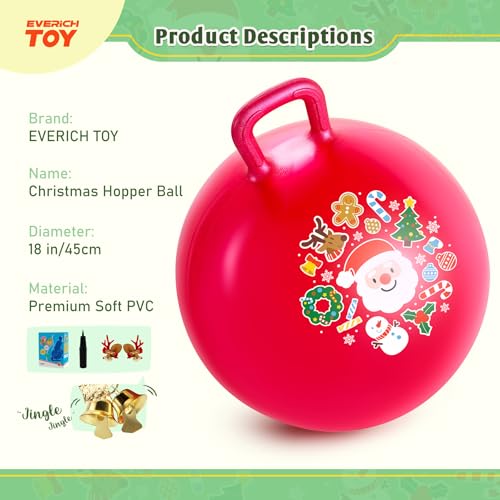 EVERICH TOY Hopper Ball for Kids 18In Sit On Bouncy Balls with Handle for Indoor Outdoor Active Play Red Christmas Inflatable Boys Girls Gifts for 4 5 6 7 8 Years Old with Christmas Reindeer Ears - Image 5