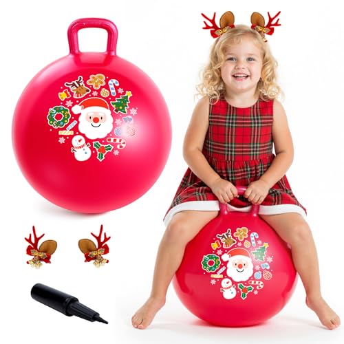 EVERICH TOY Hopper Ball for Kids 18In Sit On Bouncy Balls with Handle for Indoor Outdoor Active Play Red Christmas Inflatable Boys Girls Gifts for 4 5 6 7 8 Years Old with Christmas Reindeer Ears - Image 1