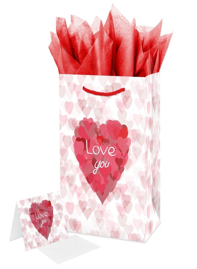 Linelglobal White Gift Bag with Red Hearts Comes with Tissues, Card, Envelope, Label and A Cute Sticker for Gathering, Garty, Gift-giving, Valentine's Day - Image 1