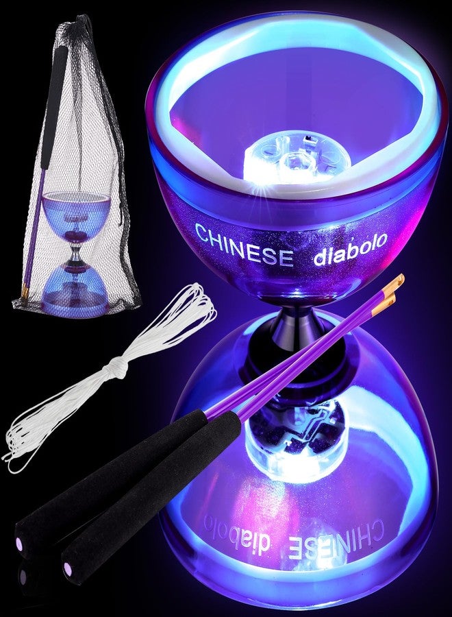 Simgoing Chinese Yoyo Diabolo Set Includes Colorful LED Diabolo Light up with 2 Pieces Sticks, 1 Piece String, 1 Net Bag for Fun(Purple) - Image 2