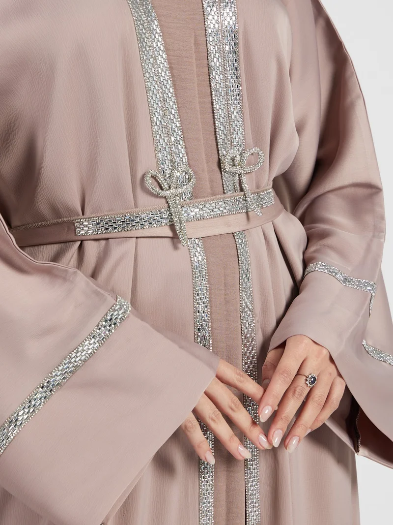 Reem Abayas Taupe Crystal-Trimmed Formal Abaya Set
