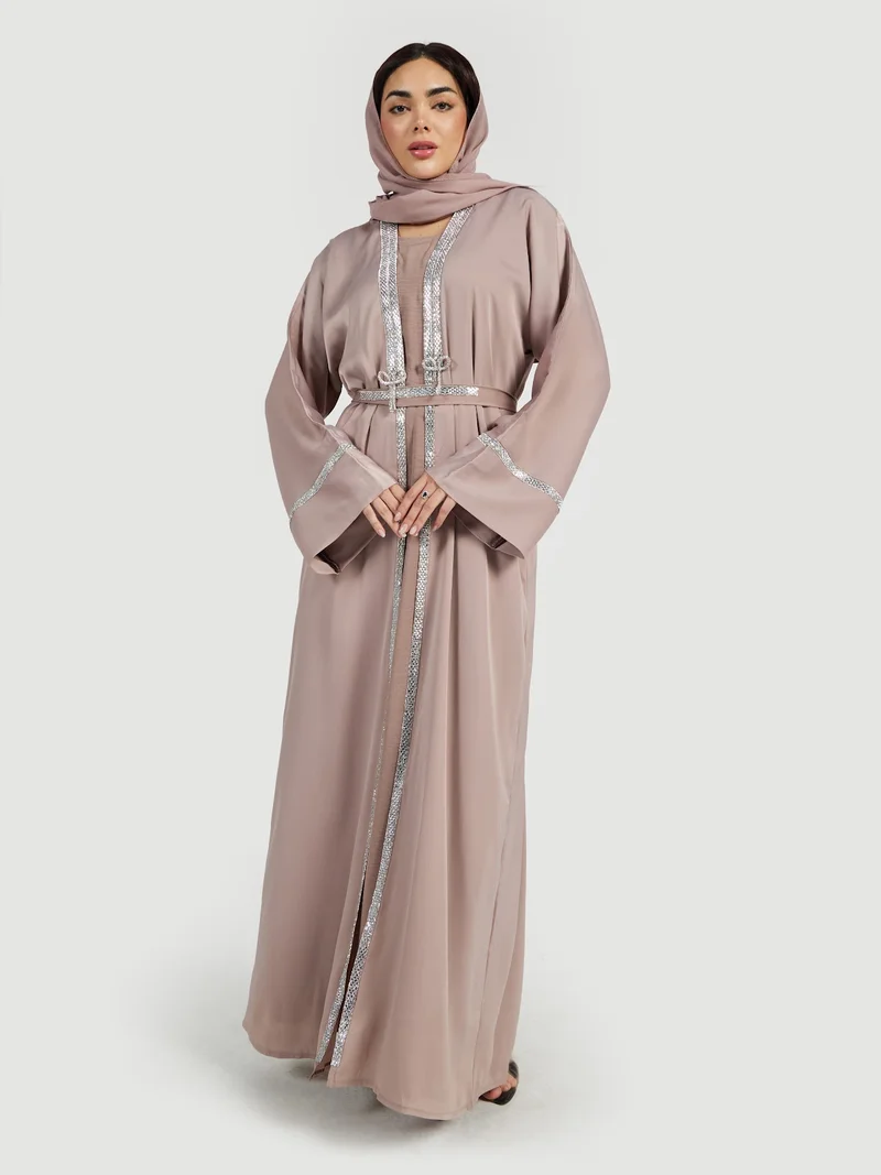 Reem Abayas Taupe Crystal-Trimmed Formal Abaya Set