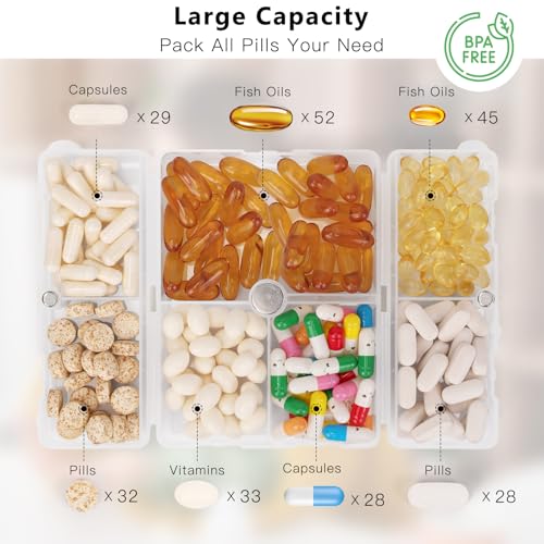 FYY Daily Pill Organizer/ Case, 7 Compartments Portable, [Folding Design] Large Travel Pill Box for Purse Pocket to Hold Vitamins,Cod Liver Oil,Supplements and Medication-Clear - Image 2