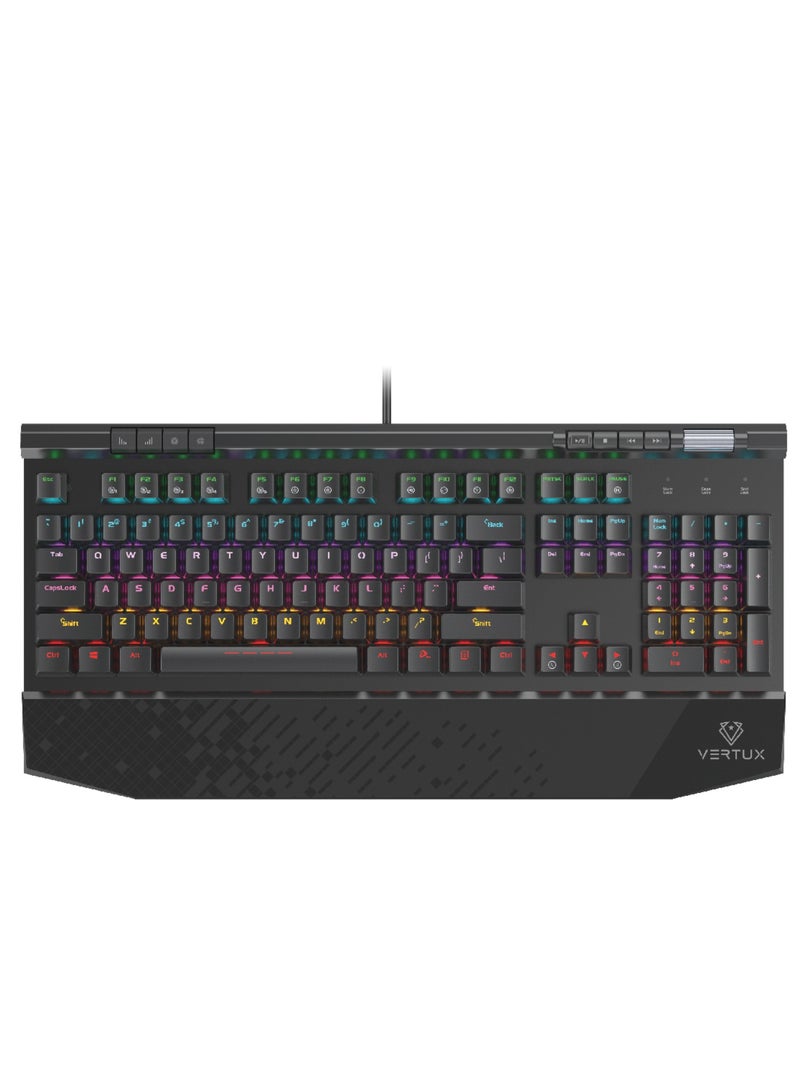 VERTUX USB Wired Gaming Keyboard, Premium 104 Keys Anti-Ghosting Multimedia Gaming Keyboard with Wrist Rest, Black Switches and Customized Rainbow LED Backlit for Gaming, PC, PS5, Tungsten English - Image 1