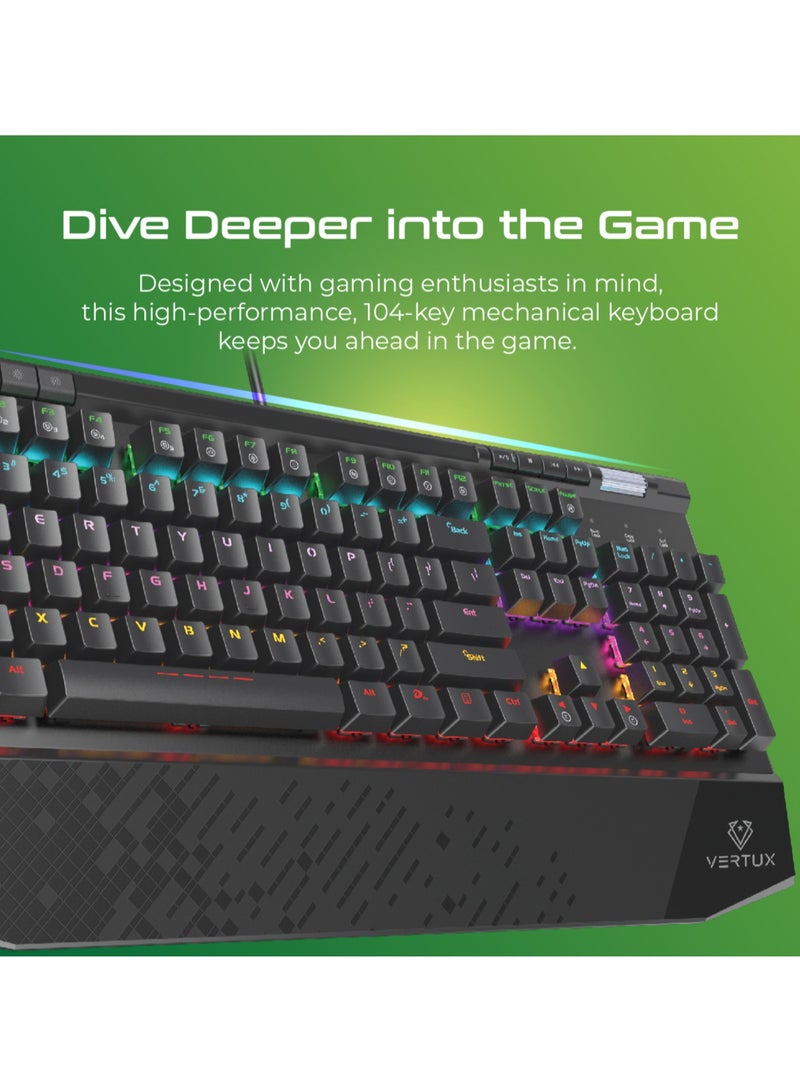 VERTUX USB Wired Gaming Keyboard, Premium 104 Keys Anti-Ghosting Multimedia Gaming Keyboard with Wrist Rest, Black Switches and Customized Rainbow LED Backlit for Gaming, PC, PS5, Tungsten English - Image 3