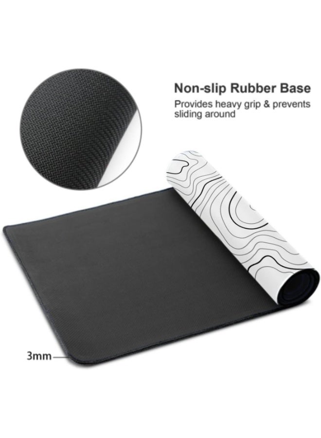 White Topographic Contour Extended Gaming Mouse Pad – 90 × 40 CM XXL Desk Mat with Non-Slip Rubber Base & Stitched Edges - Image 2